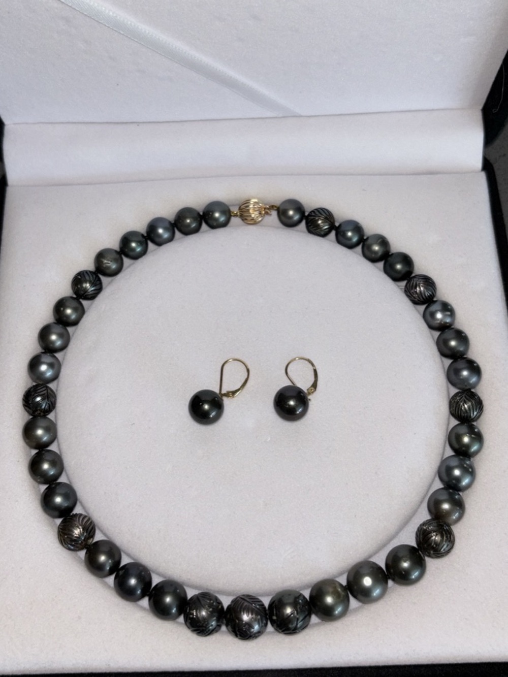 Tahitian Pearl Necklace and Earrings Set - Gold Accents